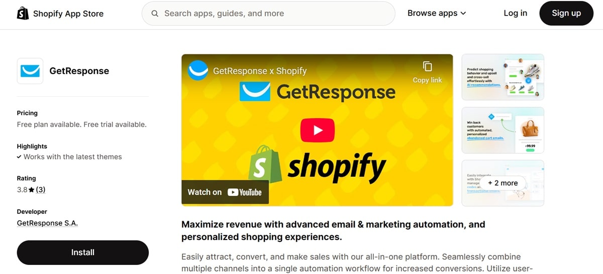 GetResponse Shopify integration dashboard showing automation workflow builder with drag-and-drop interface for creating email marketing campaigns